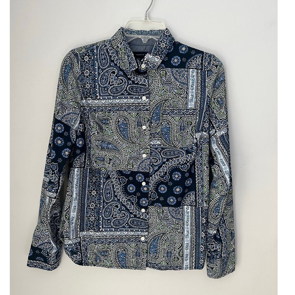 Tommy Hilfiger Paisley Shirt Button Collared Roll Tab Long Sleeves Blue Boho XS